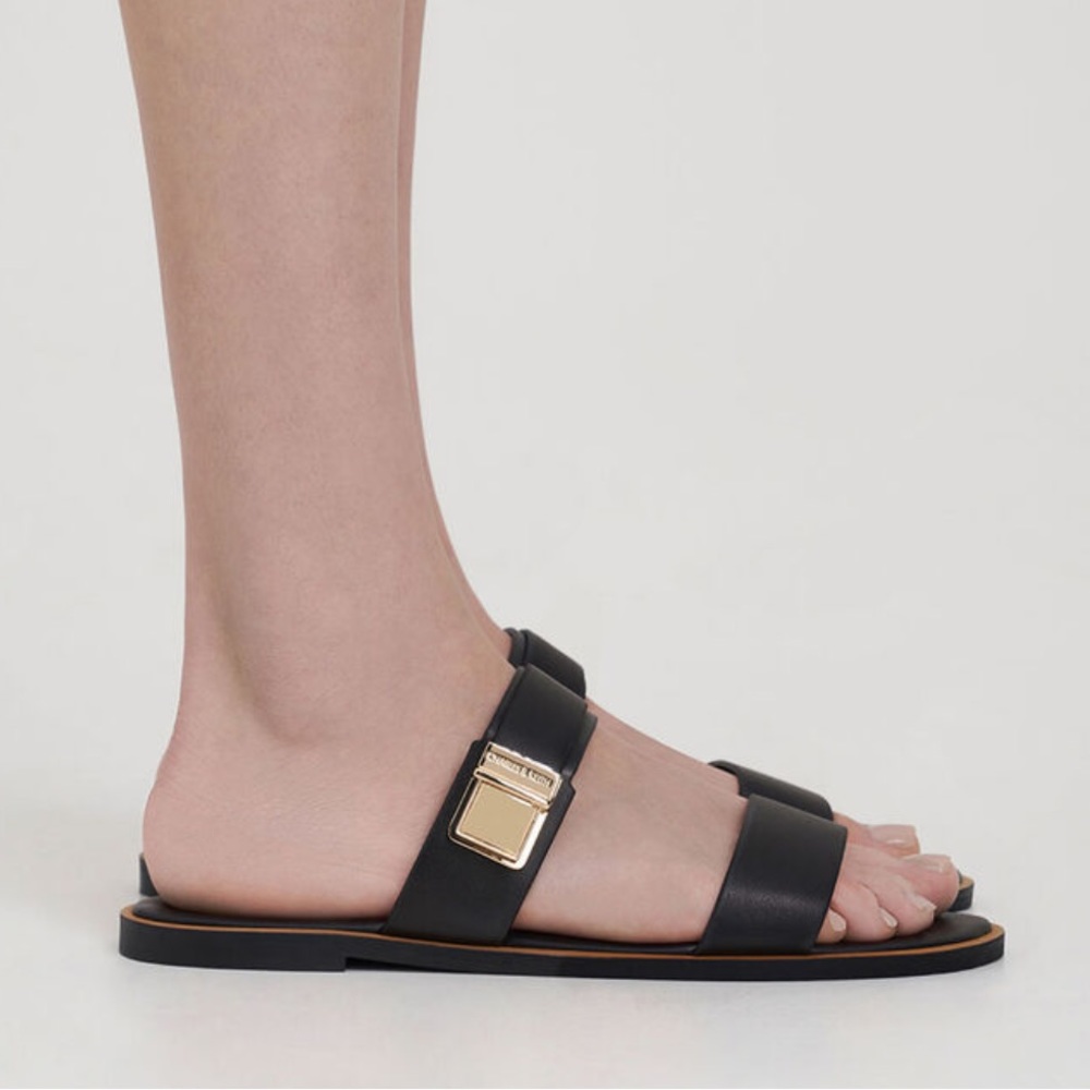 Dove Metallic Buckle Slide Sandals - Black